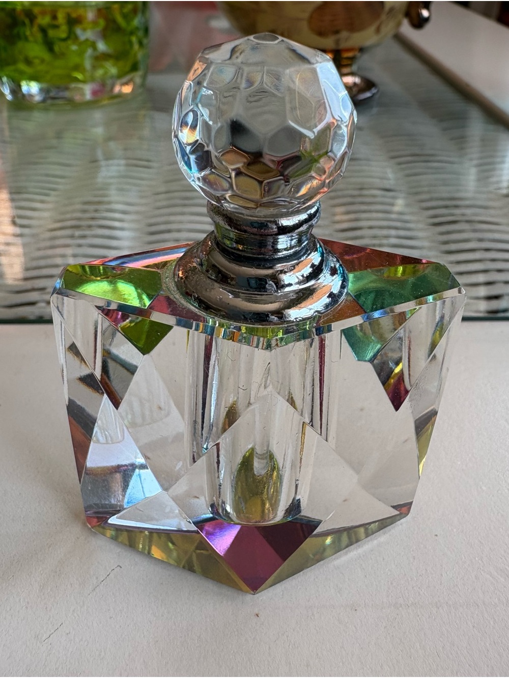 Vintage Faceted Art Glass Perfume Bottle 3" With Iridescent Prism Base